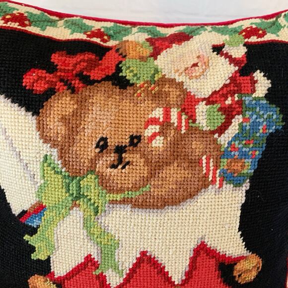 VTG Christmas Bear In Stocking Needlepoint Holiday Throw Pillow Red Velvet 12" - Picture 4 of 6